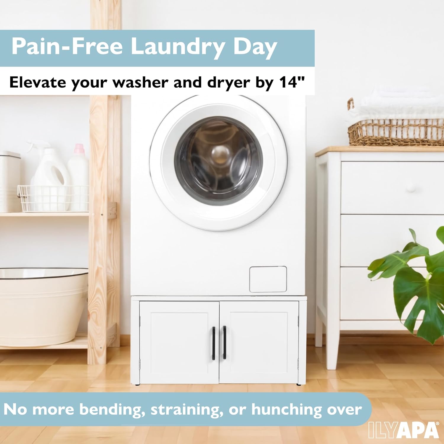 Ilyapa Washer and Dryer Stand - Universal Wooden Laundry Pedestal with Drawer - Compatible with Samsung, LG, GE, Maytag - 28x28x14 in. Patent Pending