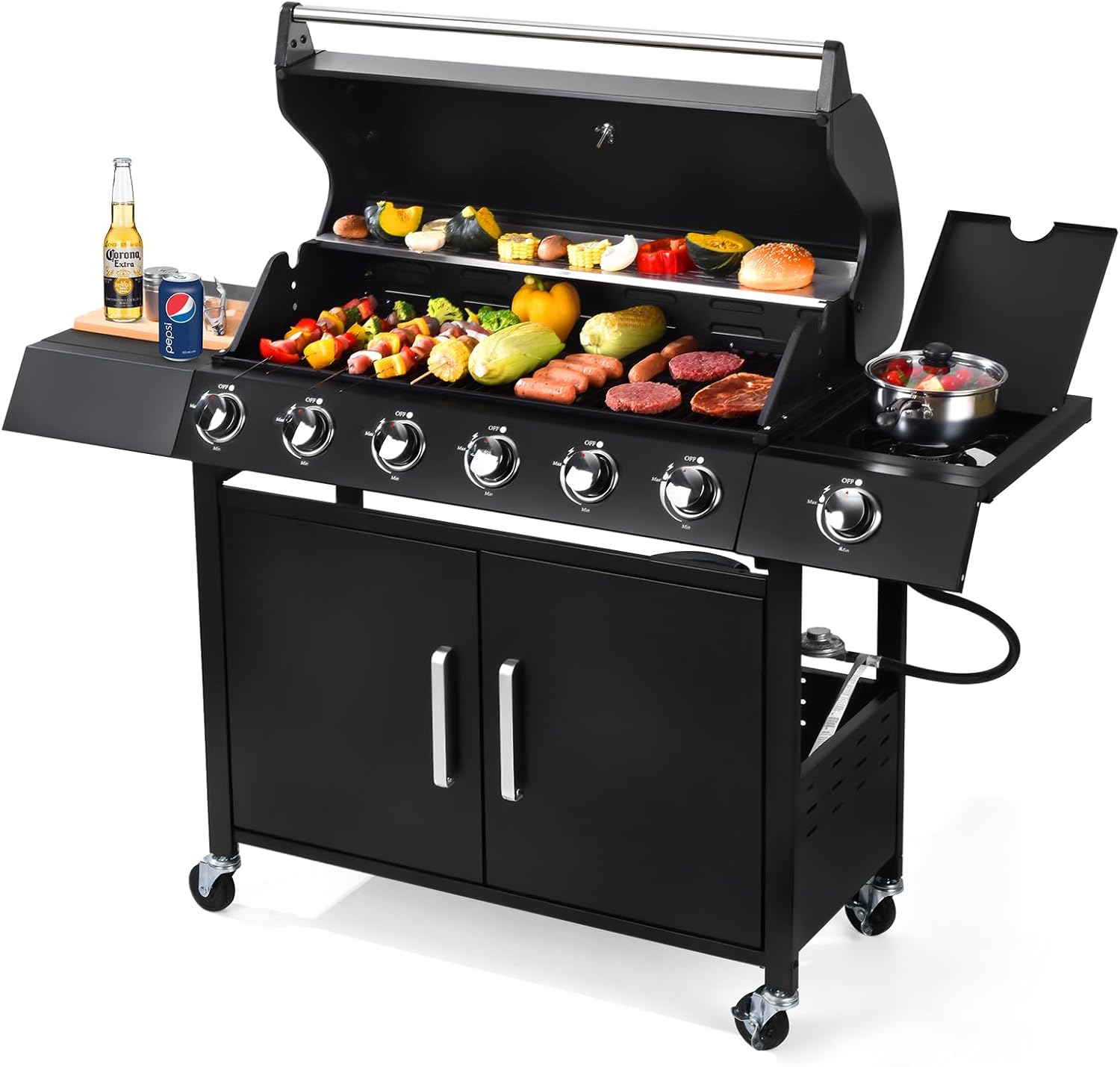 6-Burner w/Side Burner Gas Grill with 403 SQ.IN. Outdoor Grill with 60,000 BTU,Propane Grills with Top Cover Lid,Grills Outdoor Cooking for Patios,Camping,Balcony-Q032