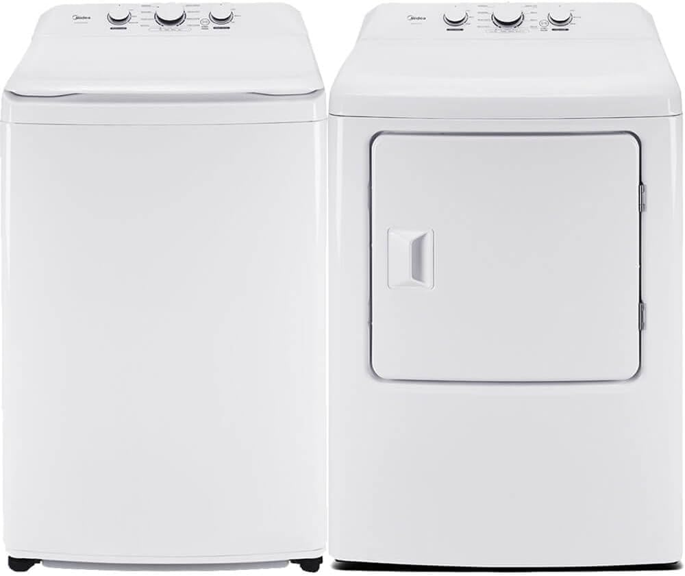 Midea White Top Load Washer and Dryer Pair 3.9 Cu Ft High Efficiency Washer and 6.7 Cu Ft Electric Dryer Bundle with 8 Cycles 4 Temperature Settings Dryer Vent Power Cable and 12 Month CPS Plan