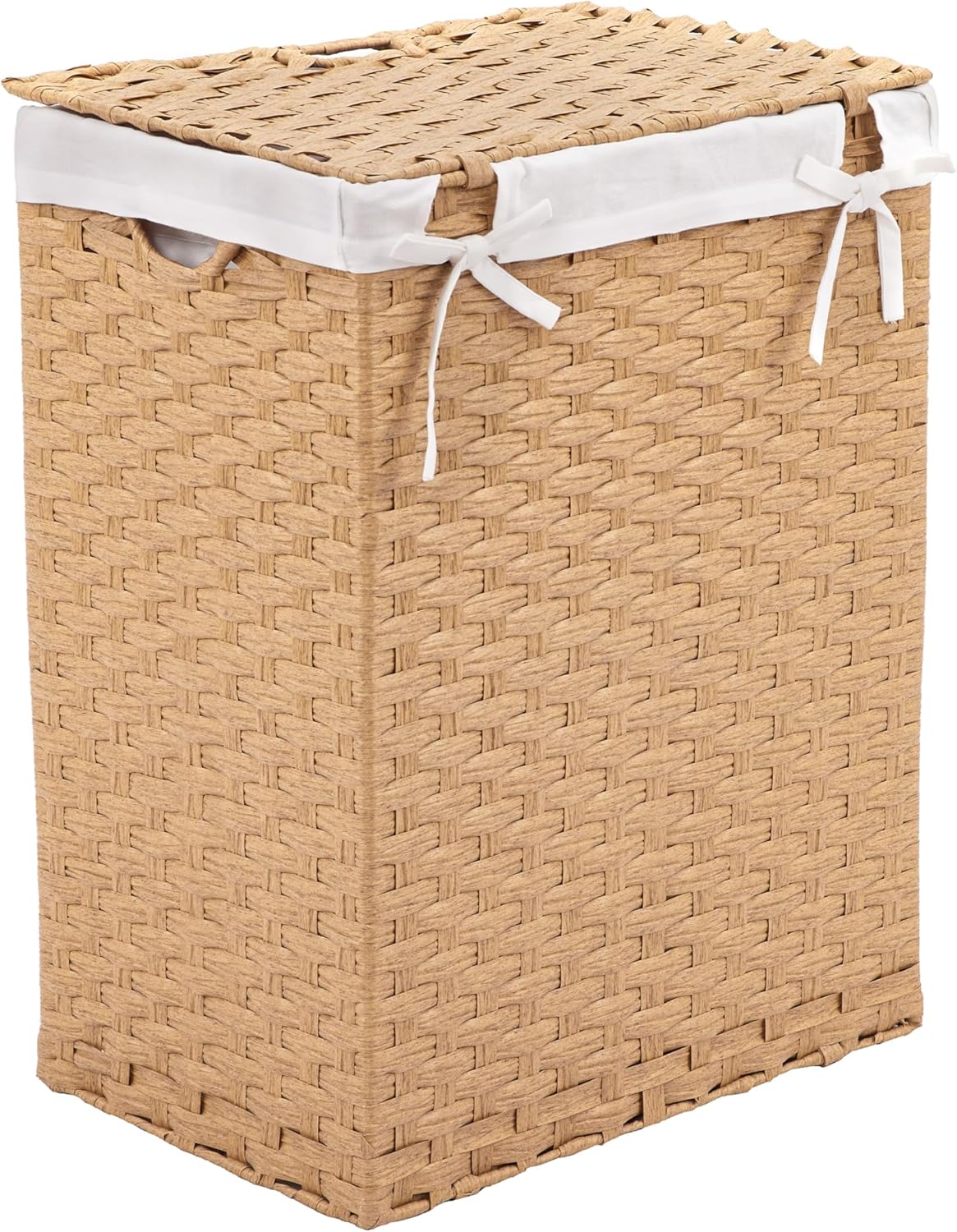 Seville Classics Premium Handwoven Portable Laundry Bin Basket with Carrying Handles, Household Storage for Clothes, Linens, Sheets, Tan, Rectangular Hamper