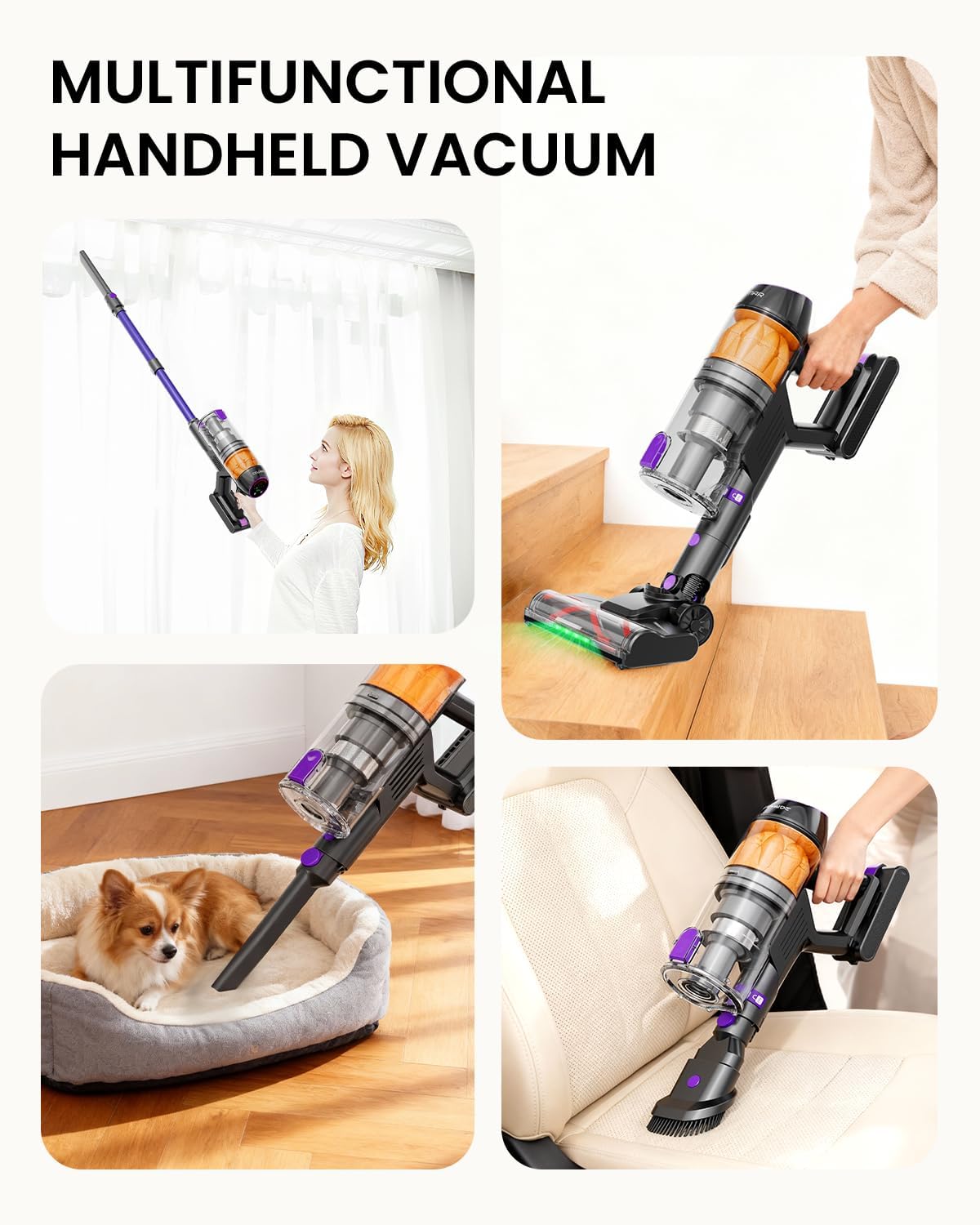 Cordless Vacuum Cleaner, 500W Vacuum Cleaners for Home Pet Hair, 60Mins Cordless Stick Vacuums with LED Display, Anti-Tangle, Lightweight Vacuum for Hard Floors, Carpet,Purple