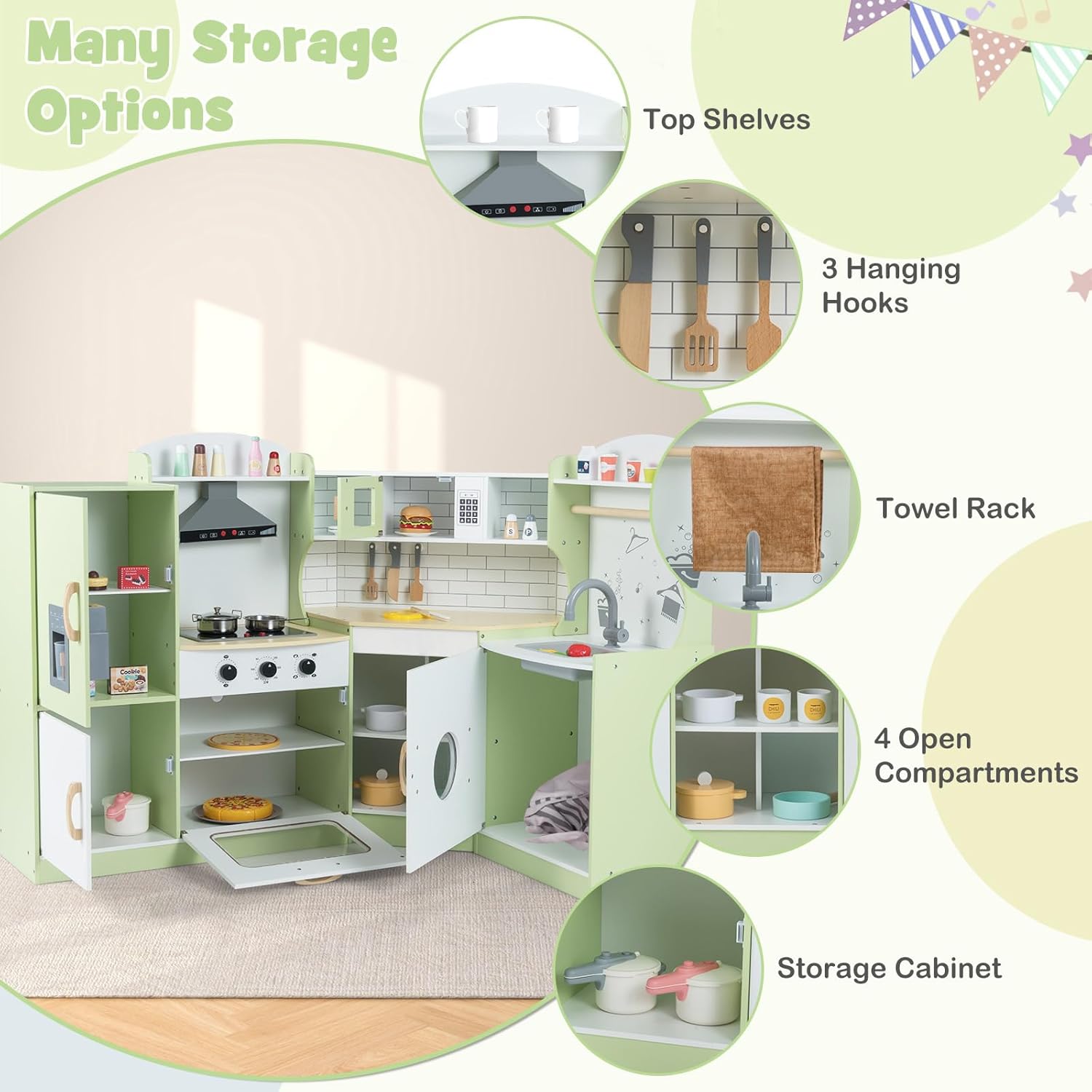 Costzon Corner Kids Kitchen Playset, Wooden Play Kitchen w/Sounds & Lights, Washing Machine, Range Hood, Ice Maker, Microwave, Oven, Sink, Pretend Toy Kitchen Set for Toddler, Gift for Boys Girls