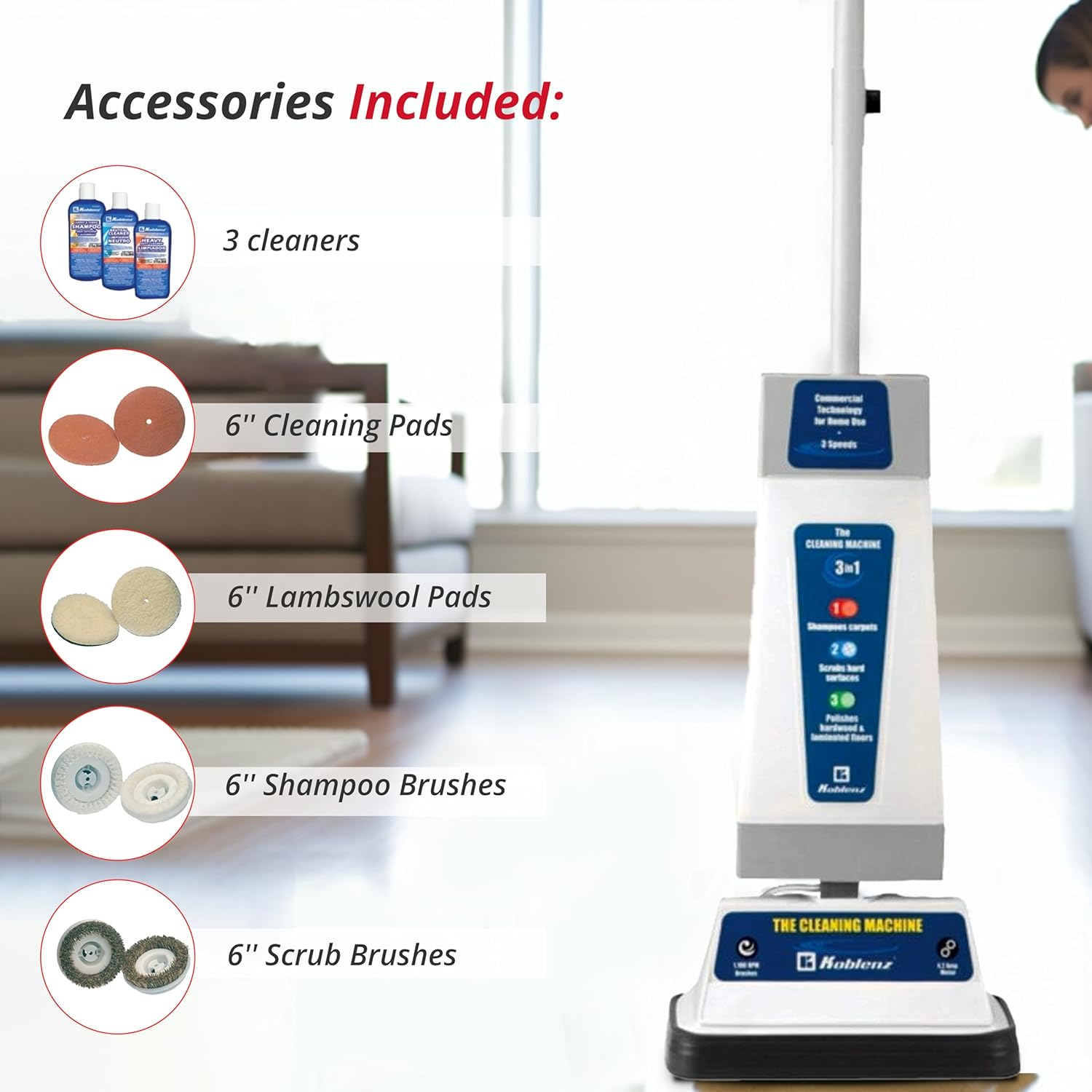 Koblenz Floor Shampooer and Polisher, Hard Floor Cleaner, Carpet Cleaning Machine with Scrubbing Brushes, Polishing Pads, and Carpet Shampoo, 3 Speeds, Blue/Gray (P-820 BA)