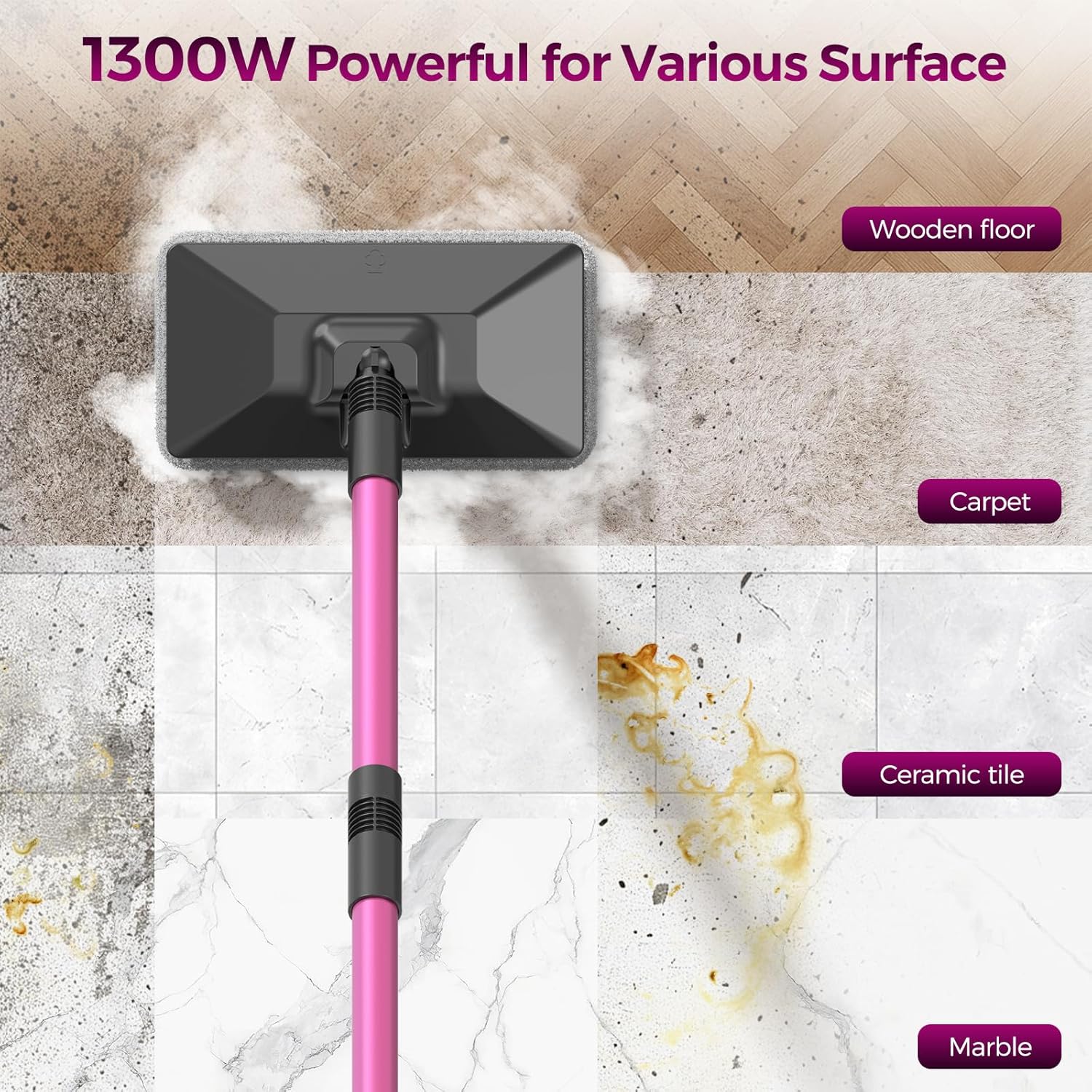 12-in-1 Steam Mop, Steam Cleaner Detachable, Extendable Hose, 23FT Power Cord, 440ml Removable Tank, 260°F Floor Steamer, 3-Level Control, Multi-Purpose for Hardwood, Tile, Grout, Windows, Kitchen