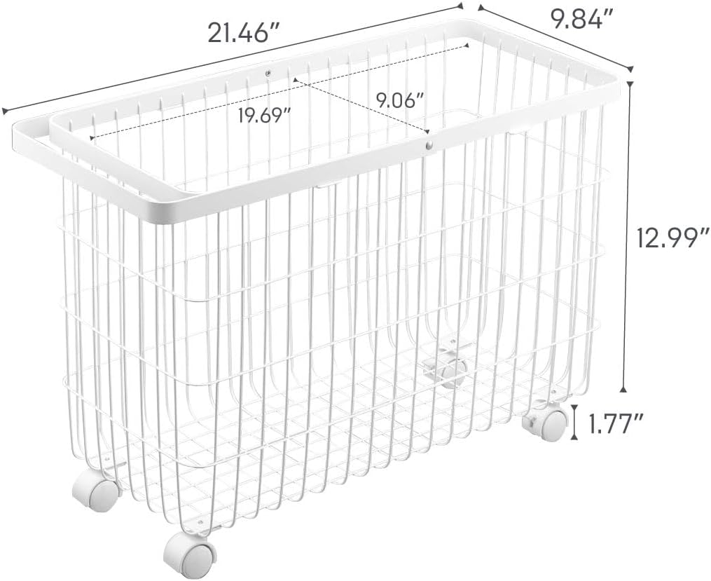 Yamazaki Home Tower Small Rolling Laundry Basket Metal Hamper Cart With Wheels And Handle, 14.8