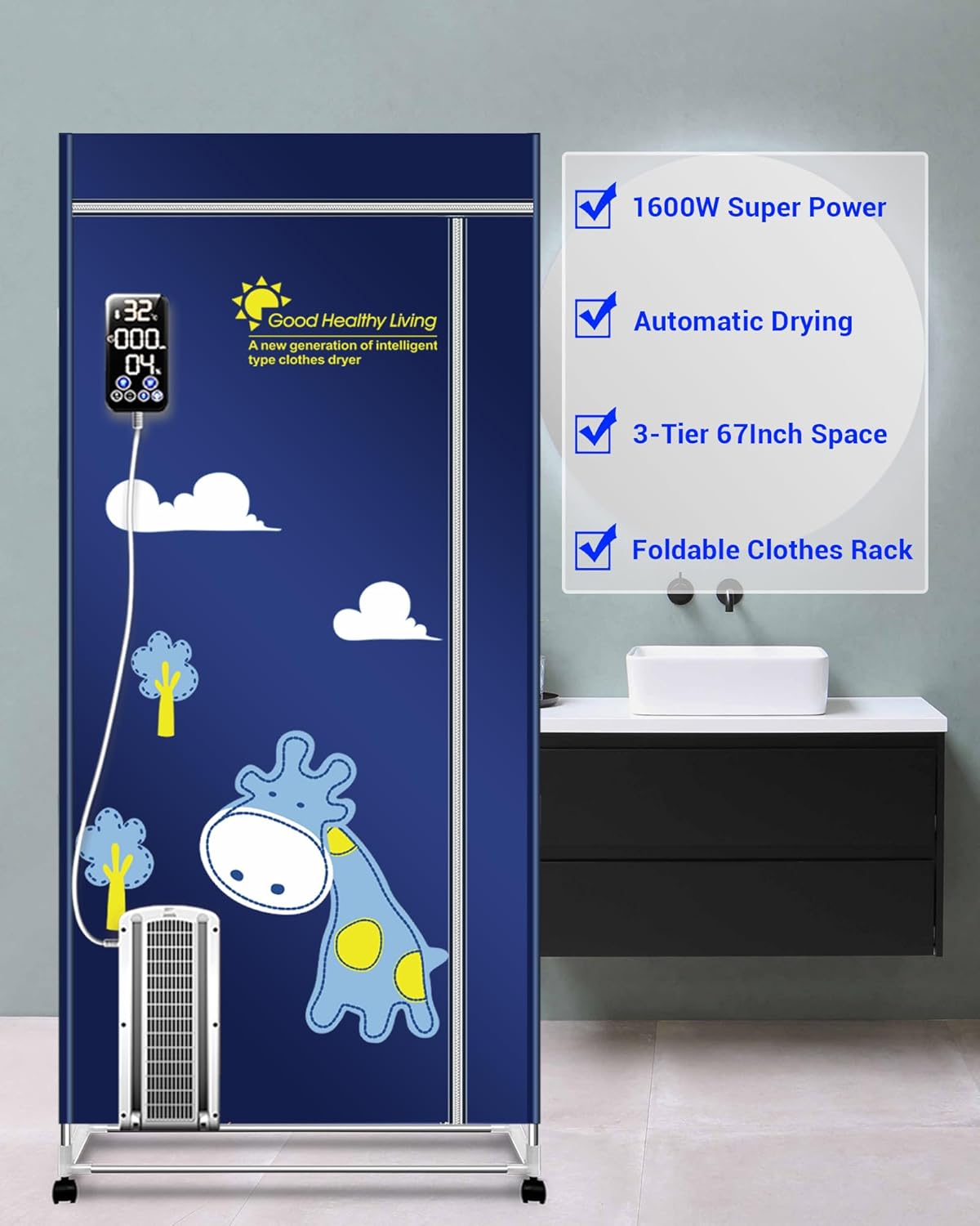 Portable Clothes Dryer, 110V -1600W Clothes Dryer, 67Inch -3 Tier Foldable Clothes Dryers Rack, Energy Saving Portable Dryer for Apartment, Indoor, Travel, RV