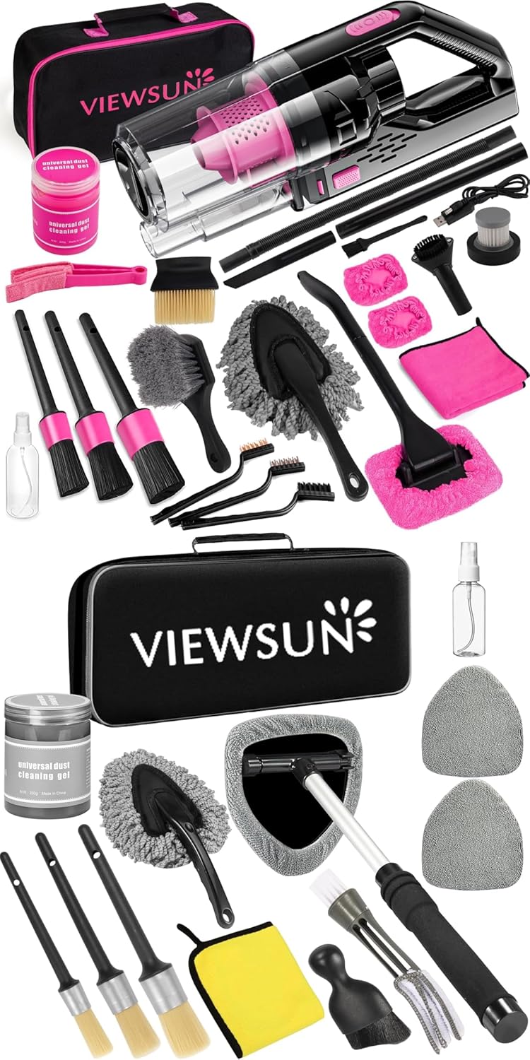 Viewsun Car Vacuum Cordless Rechargeable, 8000PA High Power Handheld Vacuum Cleaner with 30PCS Car Cleaning Kit, Auto Accessories for Women Gift