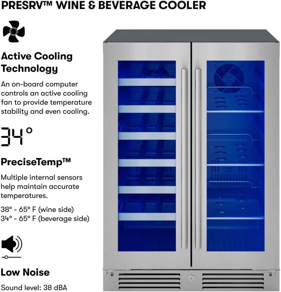 Zephyr Presrv 24 Inch Wine Fridge & Beverage Refrigerator Dual Zone Under Counter - Wine Cooler Cellars Small Beer Fridge Cabinet Drink Chiller Freestanding with French Glass Door 21 Bottles, 64 Cans