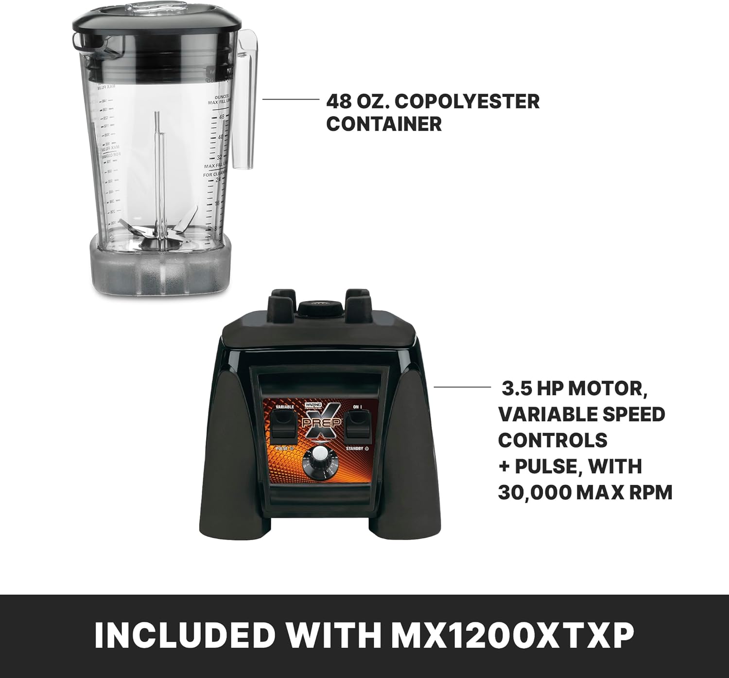 Waring Commercial MX1200XTXP 3.5 HP Blender with Variable Speed Dial Controls and 48 oz. BPA Free Copolyester Container, 120V, 5-15 Phase Plug,Black