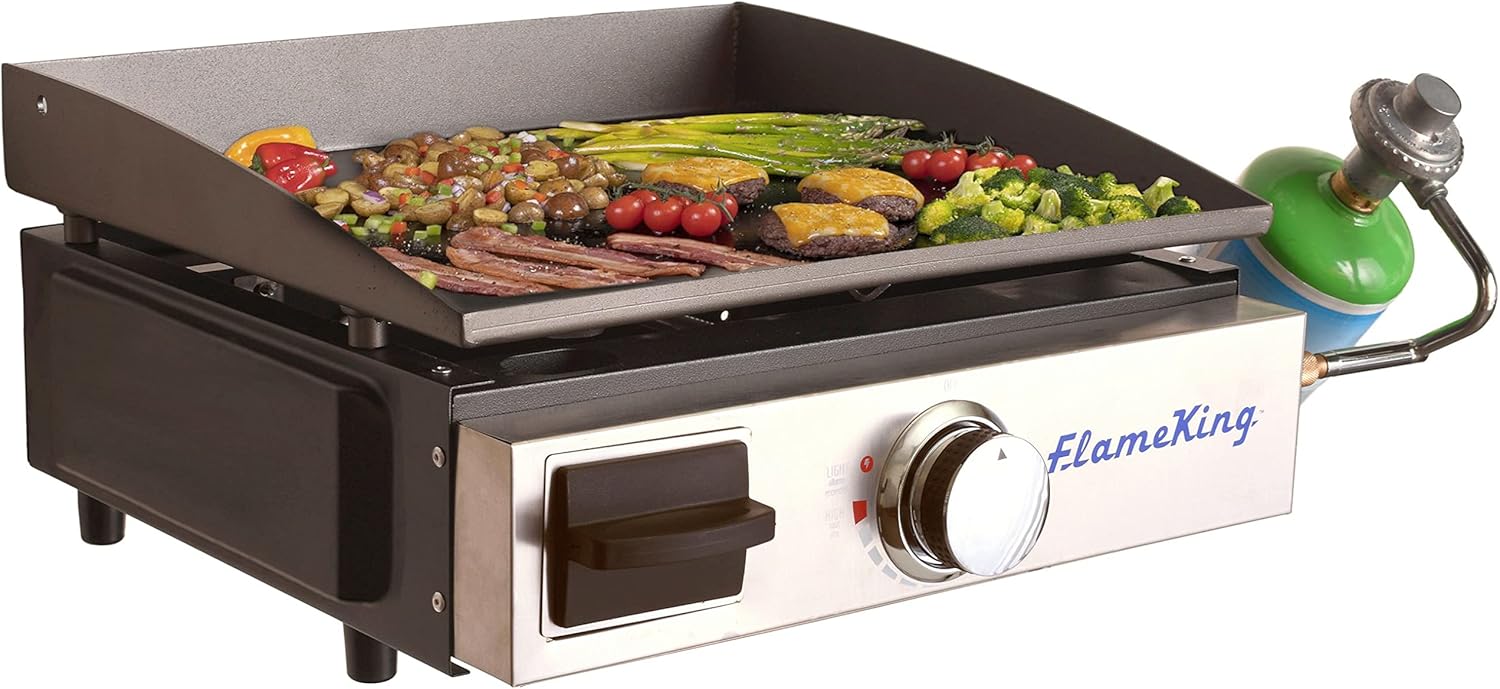 Flame King Flat Top Portable Propane Cast Iron Grill Griddle Tabletop for Outdoor Camping, Tailgating, Outdoor Cooking