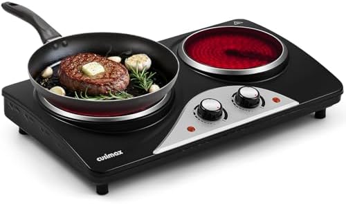 Hot Plate, CUSIMAX Electric Stove 1800W Double Burner, Portable Ceramic Infrared Cooktop, Dual Control Burners for Cooking, Heat-Up in Seconds, Compatible for All Cookwares, Black
