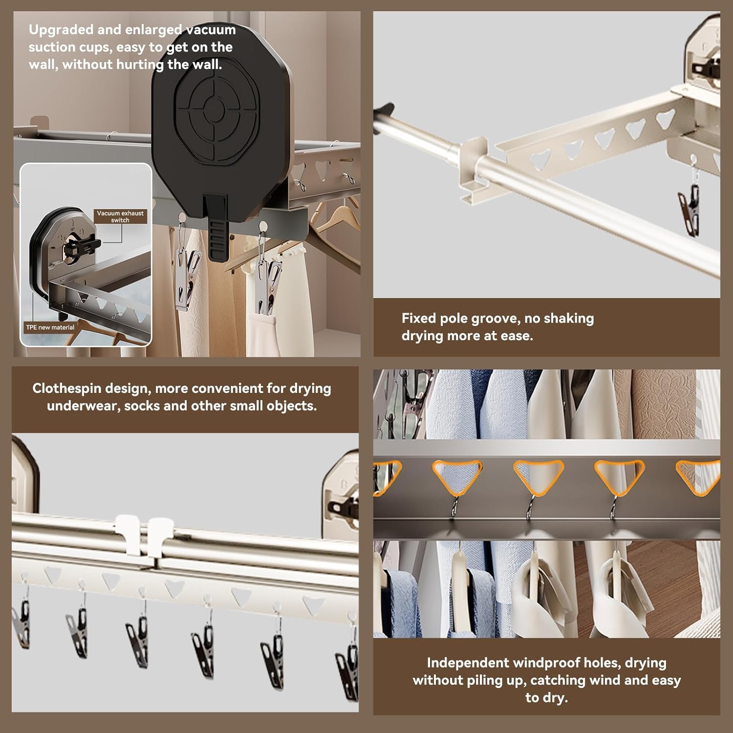 Extendable Clothing Dryer Rack, Invisible Folding Storage, Wall Mounted Drying Rack, Strong Suction Power, for Bed Linen, Clothing, Foldable Bathroom Wall Shelf (Milky White)