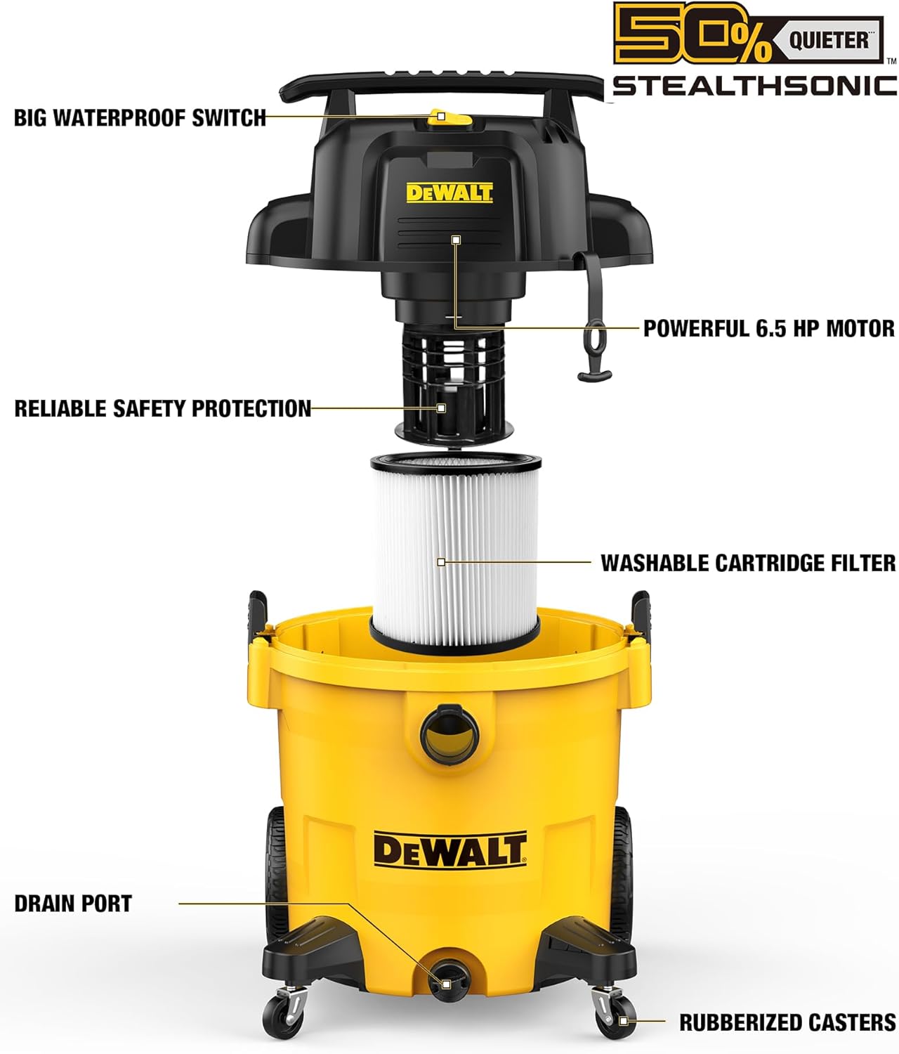 DEWALT 9 Gallon STEALTHSONIC Ultra Quiet Poly Shop Vacuum Wet/Dry, DXV09P-QTA Noise Reduction Vac for Shop, Heavy Duty Shop Vacuum for