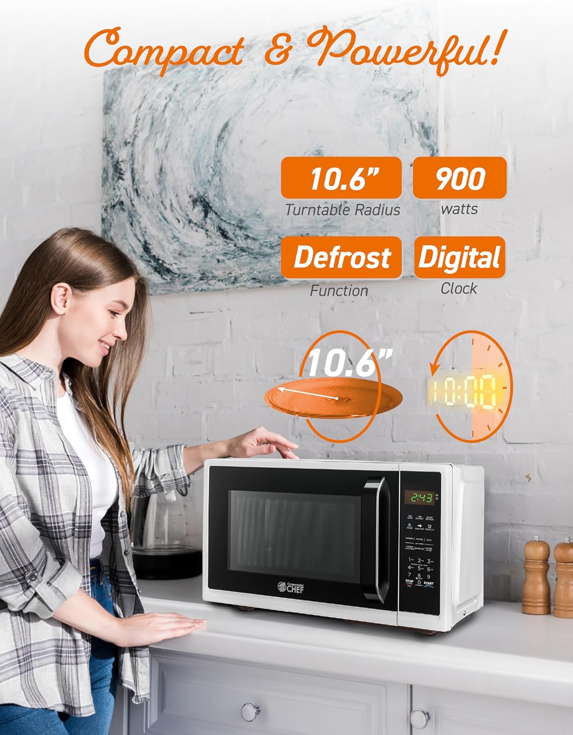 COMMERCIAL CHEF 0.9 Cubic Foot Microwave with 10 Power Levels, Small Microwave with Grip Handle, 900W Countertop Microwave with Digital Display, Door Lock and Kitchen Timer, White