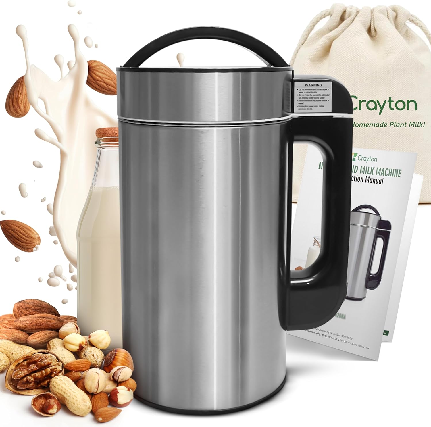 Crayton Nut Milk Maker Machine with Built-in Strainer, 51oz/ 1.5L Stainless Steel Almond Milk Maker for Soy, Almond, Oat, Cashew Nut Milks & More, 7-in-1 Multi-Functional, 6-7 Cups Per Batch, 120V