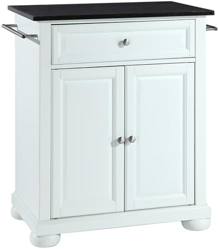 Crosley Furniture Alexandria Granite Top Small Portable Rolling Kitchen Island Storage Cart, Microwave Stand, White