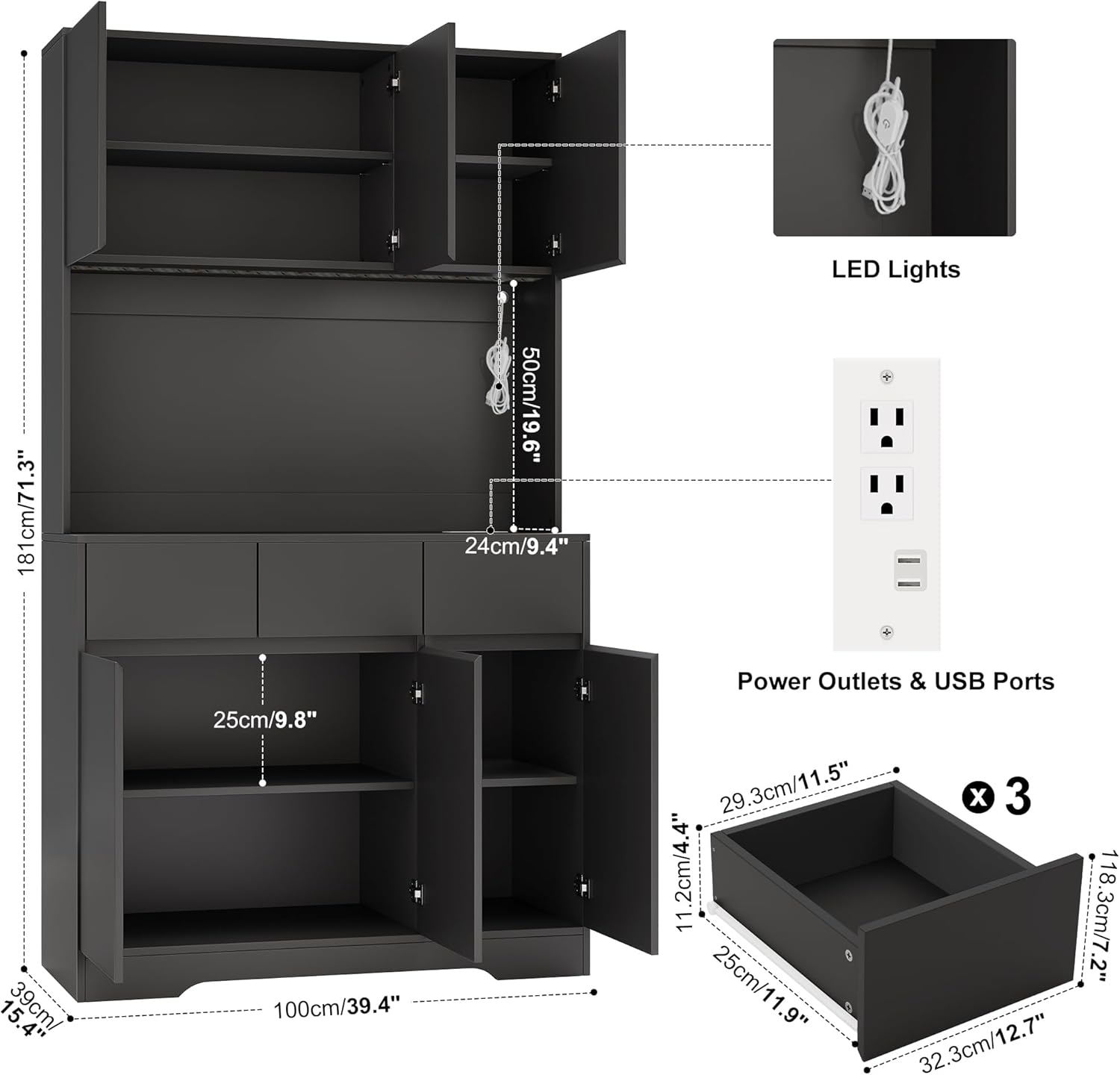 71'' Pantry Cabinet with LED Light & Charging Station, Tall Freestanding Kitchen Storage Cabinet with Microwave Stand, Modern Hutch with Drawers & Open Countertop for Dining Room, Living Room, Black
