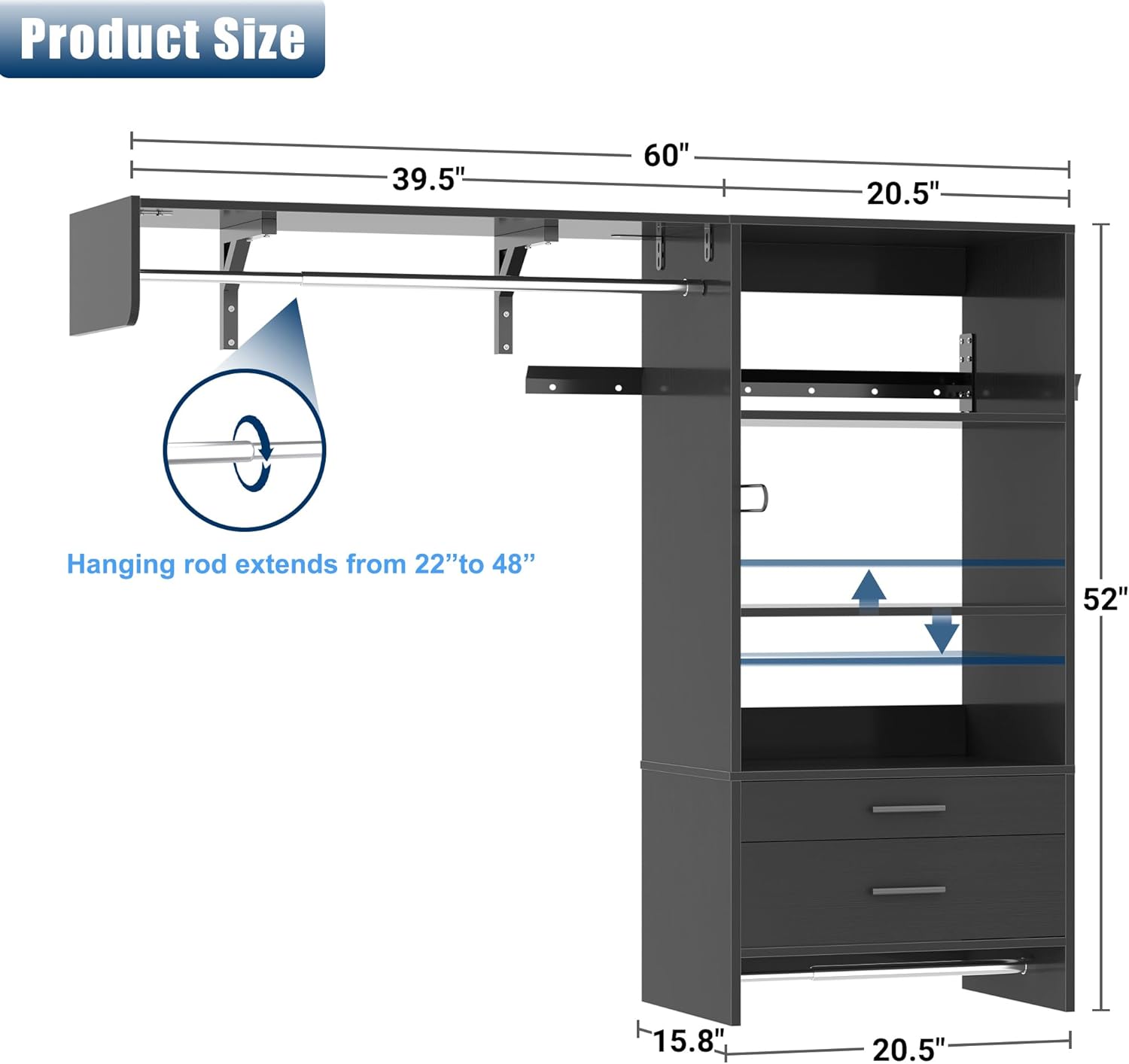 Wood Laundry Room Organizer System with Drawer, Wall Mounted Over Washer and Dryer Storage Shelves with Pull-Out Board & Hang Rods, Space Saver Clothes Drying Rack, Black