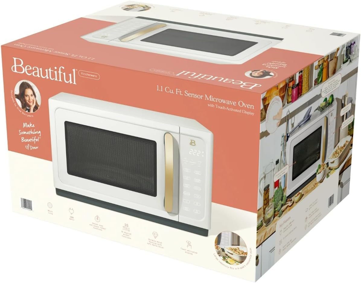 Beautiful 1.1 Cu Ft 1000W Sensor Microwave Oven – Compact Countertop with Smart Sensor Cooking, 10 Power Levels & Easy Clean Interior – Perfect for Quick Meals, Office & Holiday Hosting
