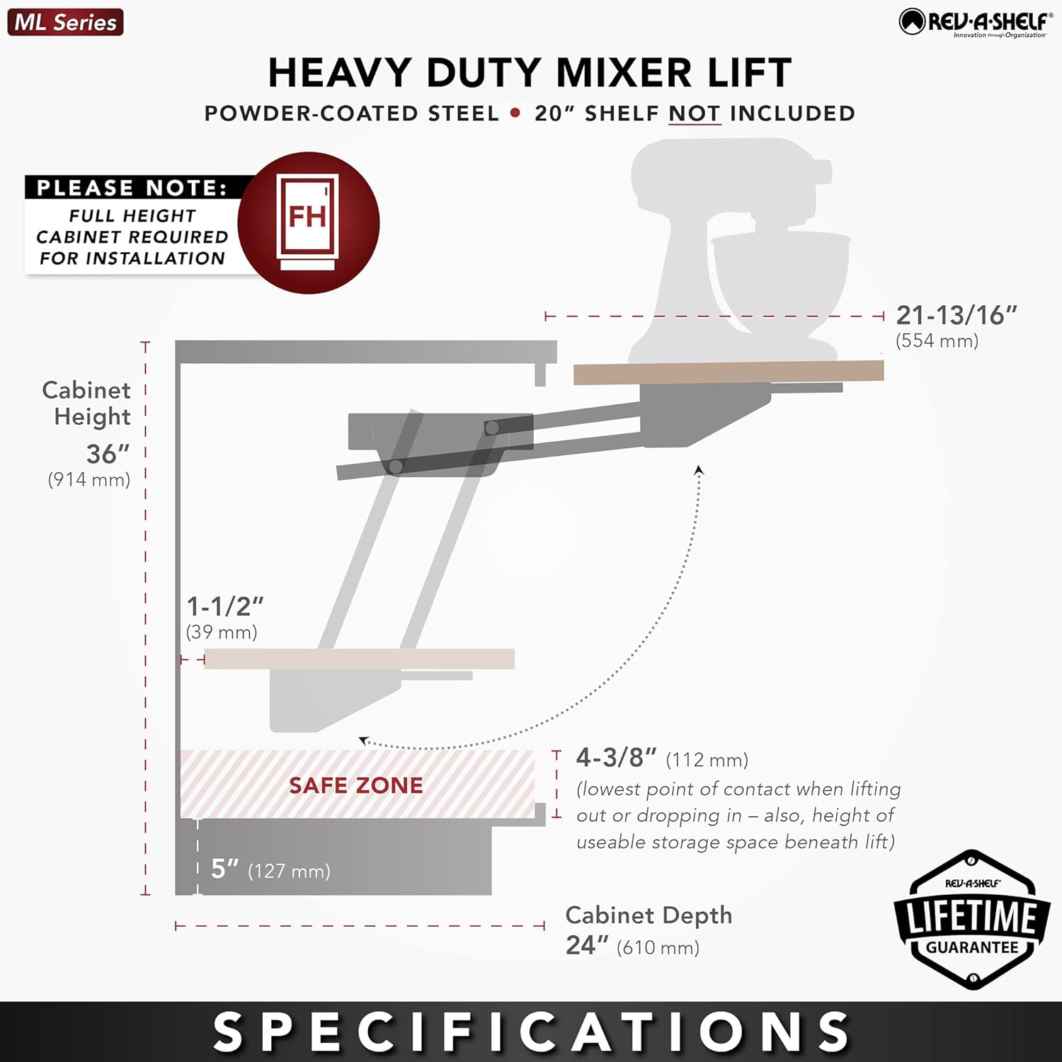 Rev-A-Shelf Kitchen Cabinet Spring Loaded Mixer and Appliance Lift Assist Mechanism for Small Kitchen Appliances w/Soft Close, Zinc, RAS-ML-HDSC
