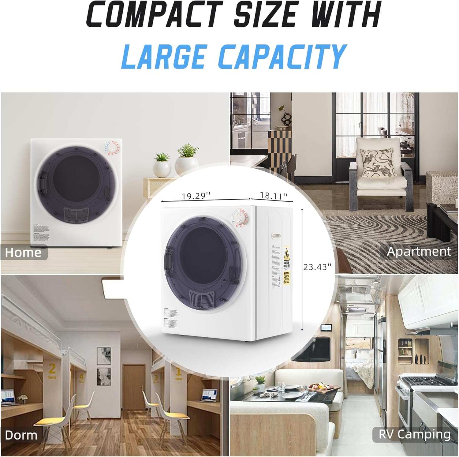 Elevon 800W Portable Clothes Dryer, 2.6 cu.ft Electric Drying Machine for Laundry with Stainless Steel Tub for Apartment, Rvs, Dorms, Compact Dryer for Small Space, White