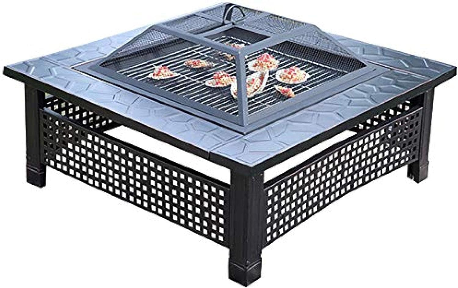 Fire Pit BBQ Grill Fire Bowl Outdoor Square Pit Bowl Grill Fireplace with 1 Set Barbecue Tools 86Cm Barbecue Pit for Patio Picnic Garden Backyard