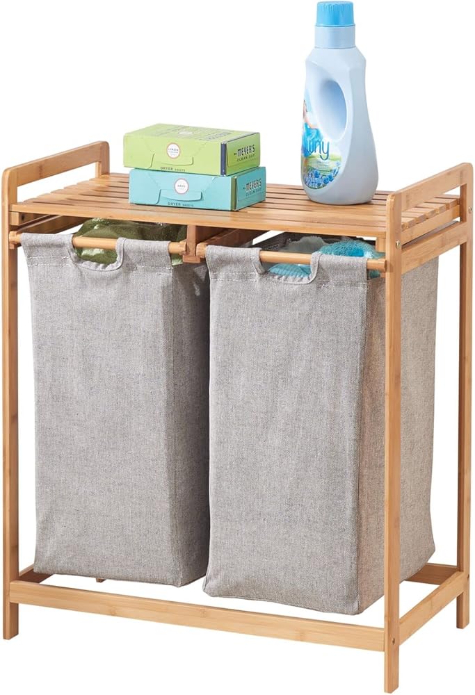 mDesign Freestanding Bamboo 2 Section Double Laundry Organizer Hamper with Removable Storage Sorter Bags, Space-Saving Basket Duo with Handles for Clothes/Linens - Echo Collection - Natural/Tan
