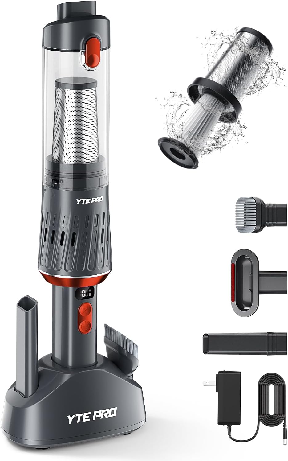 Handheld Vacuum Cordless 15000Pa Car Vacuum 3-in-1 Handheld Vacuum, Includes Smart Display and Charging Base Hand Vac Cordless Rechargeable One-Touch Empty for Home/Pet/Car (Brickred)