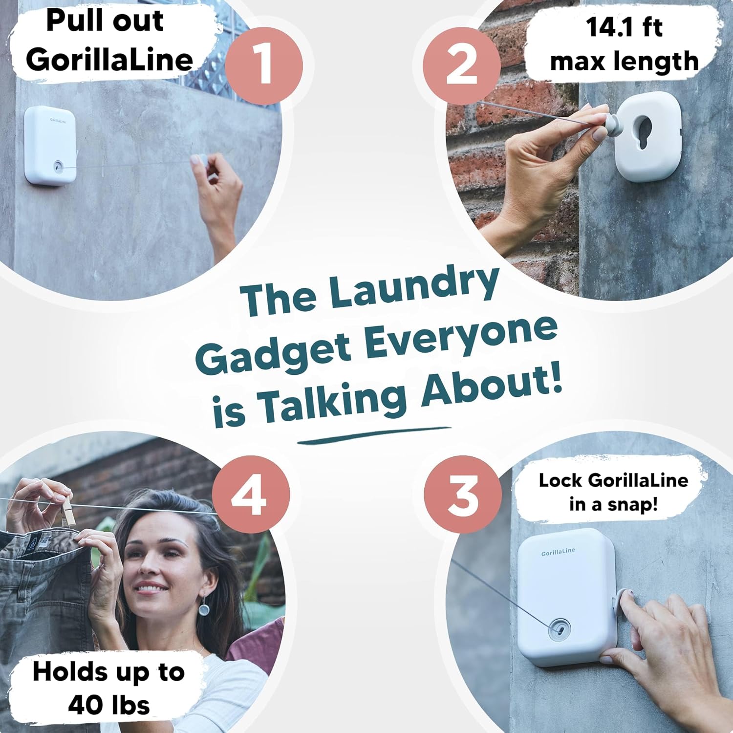 GorillaLine - Retractable Clothesline Indoor Outdoor Clothes Line | Heavy Duty Clothes Drying Laundry Line | Wall Mounted Drying Rack Clothing Line