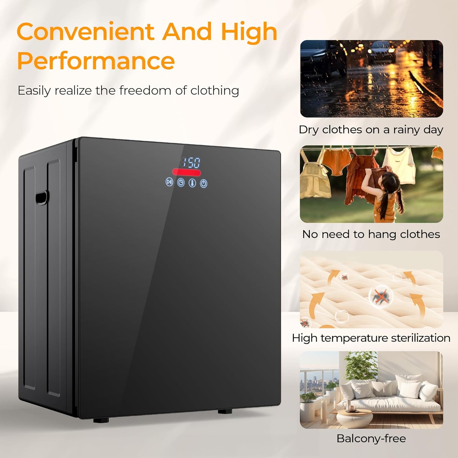 EUHOMY 1.5 Cu.ft. Portable Clothes Dryer, 850W Compact Dryer with Exhaust Hose, Mirror Finish, LCD Touch Panel, 4 Drying Modes, 5.5lbs Capacity, Portable Dryer for Apartments, Dorms, Rvs, Black