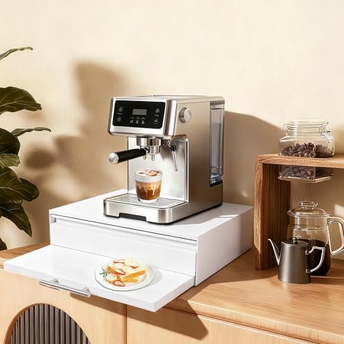 Steel Microwave Stand with Pull-Out Shelf & Drawer | Countertop Organizer for Compact Microwaves, Coffee Machine & Kitchen Appliances Storage (White+Drawer+Shelf)