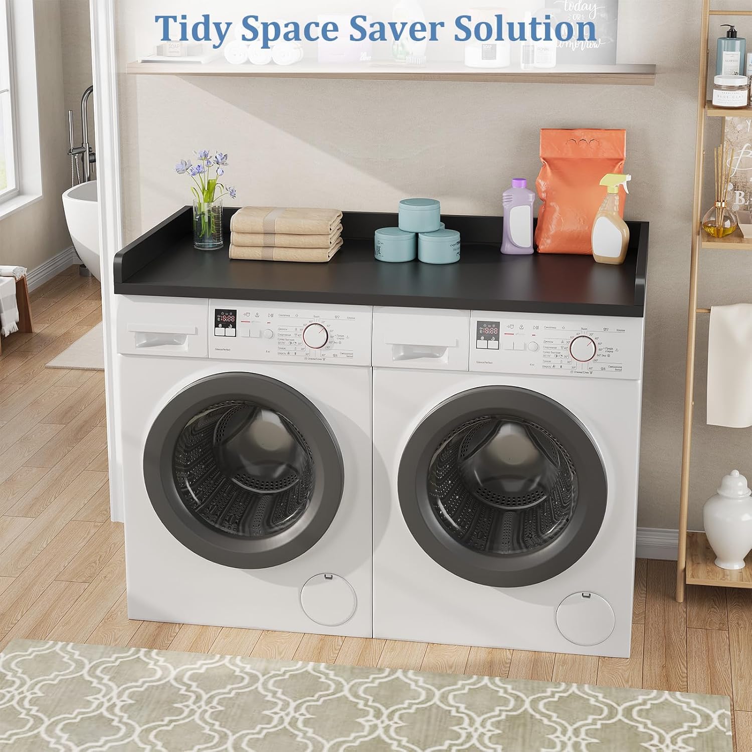 Washer Dryer Countertop, Countertop for Washer Dryer with Non-Slip Mat, Easy to Clean, Washer Dryer Wooden Countertop for Organization, 54″W x 27.5″D x 3.2″H Laundry Countertop(Black)