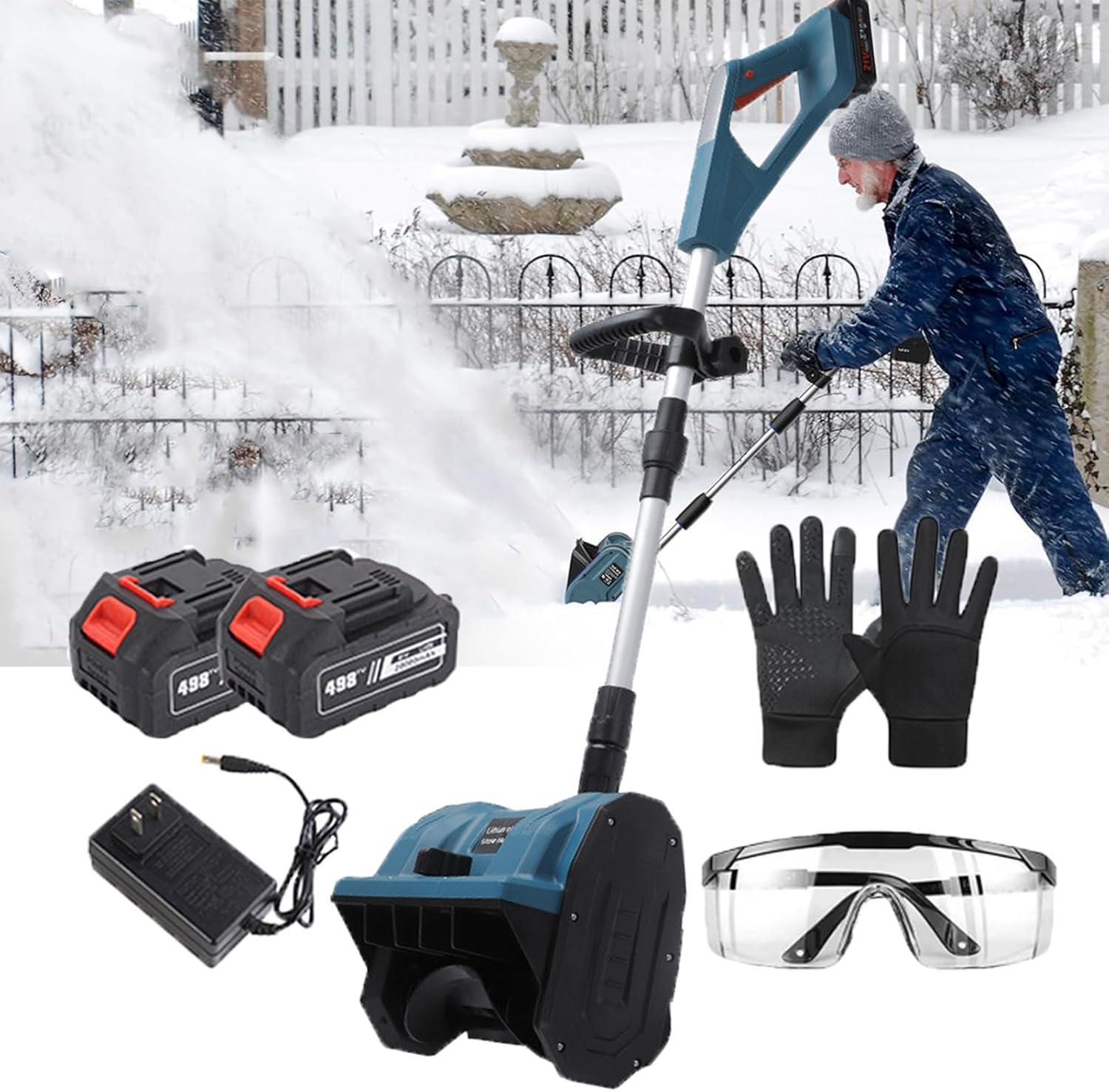 Lightweight Folding Snow Blower, Cordless Electric Snow Shovel with Adjustable Front Handle & Directional Plate, Snow Thrower for Courtyard, Street, Garage,Blue-2Batteries