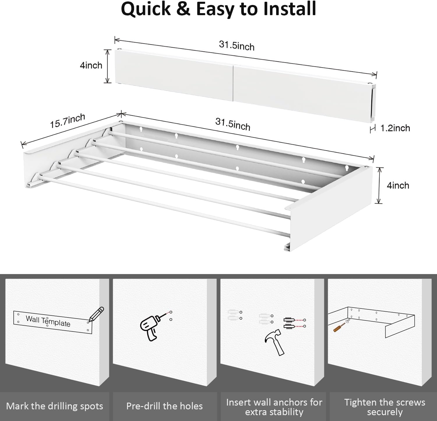 Laundry Drying Rack, Collapsible Wall Mounted Clothes Drying Rack - Drying Rack Clothing Foldable,Space Saving, 31.5