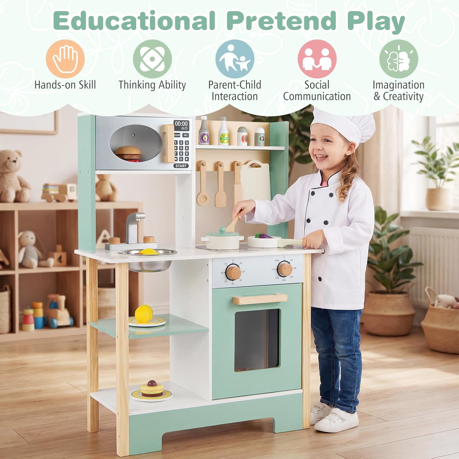 Costzon Kids Play Kitchen, Wooden Toy Kitchen w/Microwave, Water Sink, Oven, Stoves & Cookware Accessories, Pretend Kitchen Playset with Storage for Toddlers, Gift for Boys and Girls Aged 3+