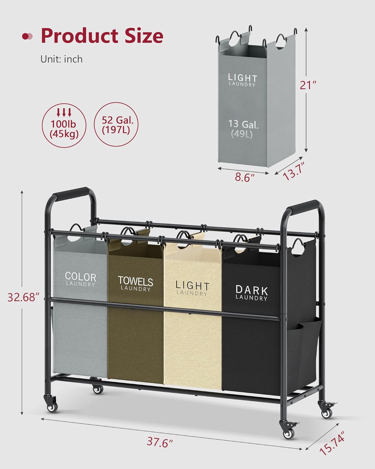 Tajsoon 4 Bag Laundry Sorter Cart, 4 Section Laundry Hamper Sorter with Heavy Duty Lockable Rolling Wheels, Laundry Separator Hamper with Removable Bags for Dirty Clothes Storage, 4 Colors