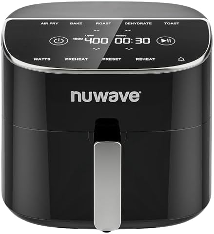 Nuwave Brio Plus 8 Qt Air Fryer, PFAS Free, New & Improved, Digital Touch Screen, Cool White Display, 50°F~400°F in Precise 5°, 5 Cook Functions, 100 Presets & 50 Memory, 3 Wattages 700, 1500, 1800