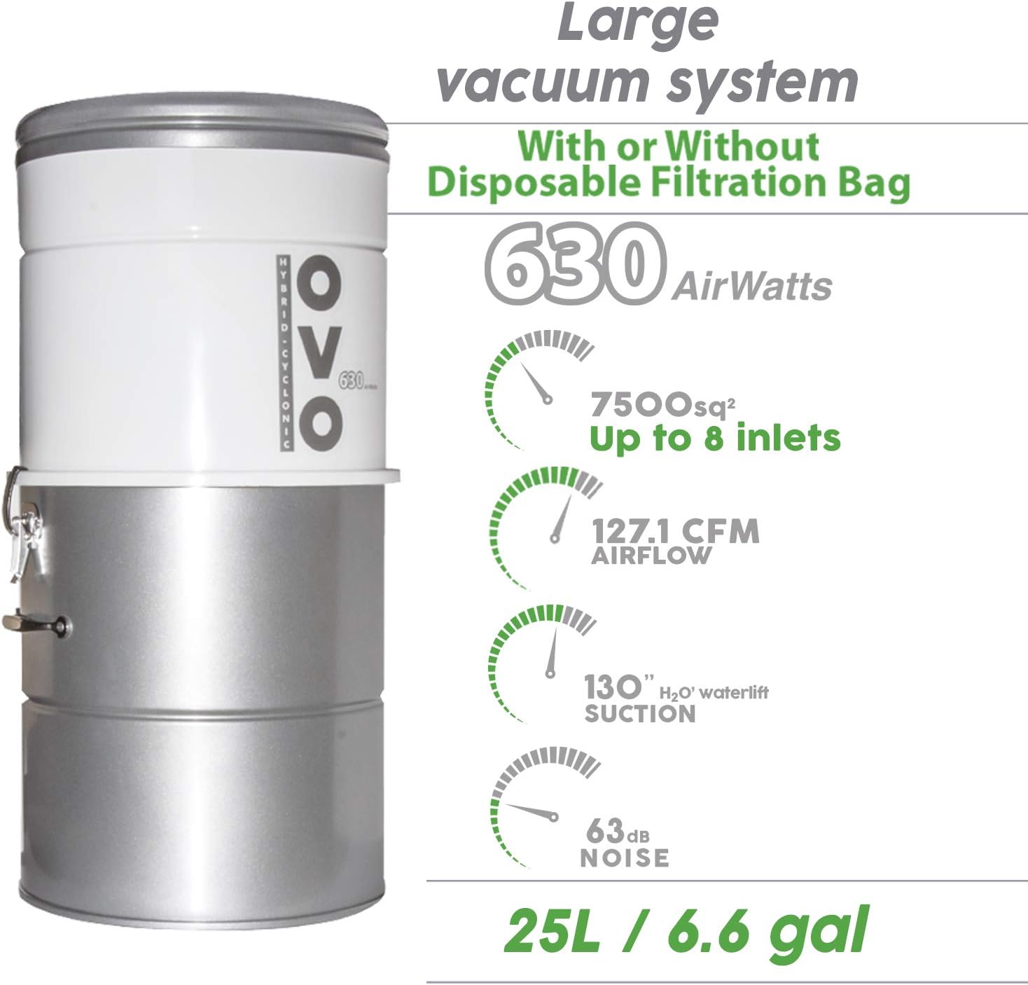 OVO Large and Powerful Central Vacuum System, 630 Airwatts Hybrid Filtration (with or Without Disposable Bags), Covers up to 7500 sq.ft, 6,6 Gal / 25L Bottom Load Rolled Steel Canister