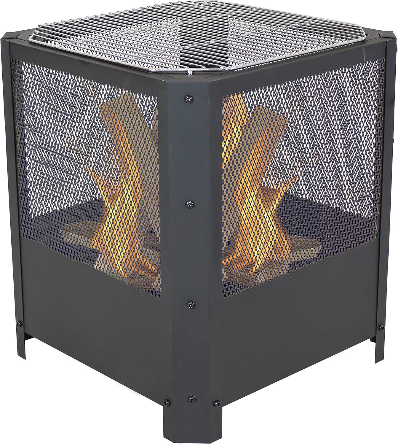 Sunnydaze Grelha 16-Inch Steel Outdoor Fire Pit with Grill - Square Wood-Burning Fire Pit for Outside - Black Finish