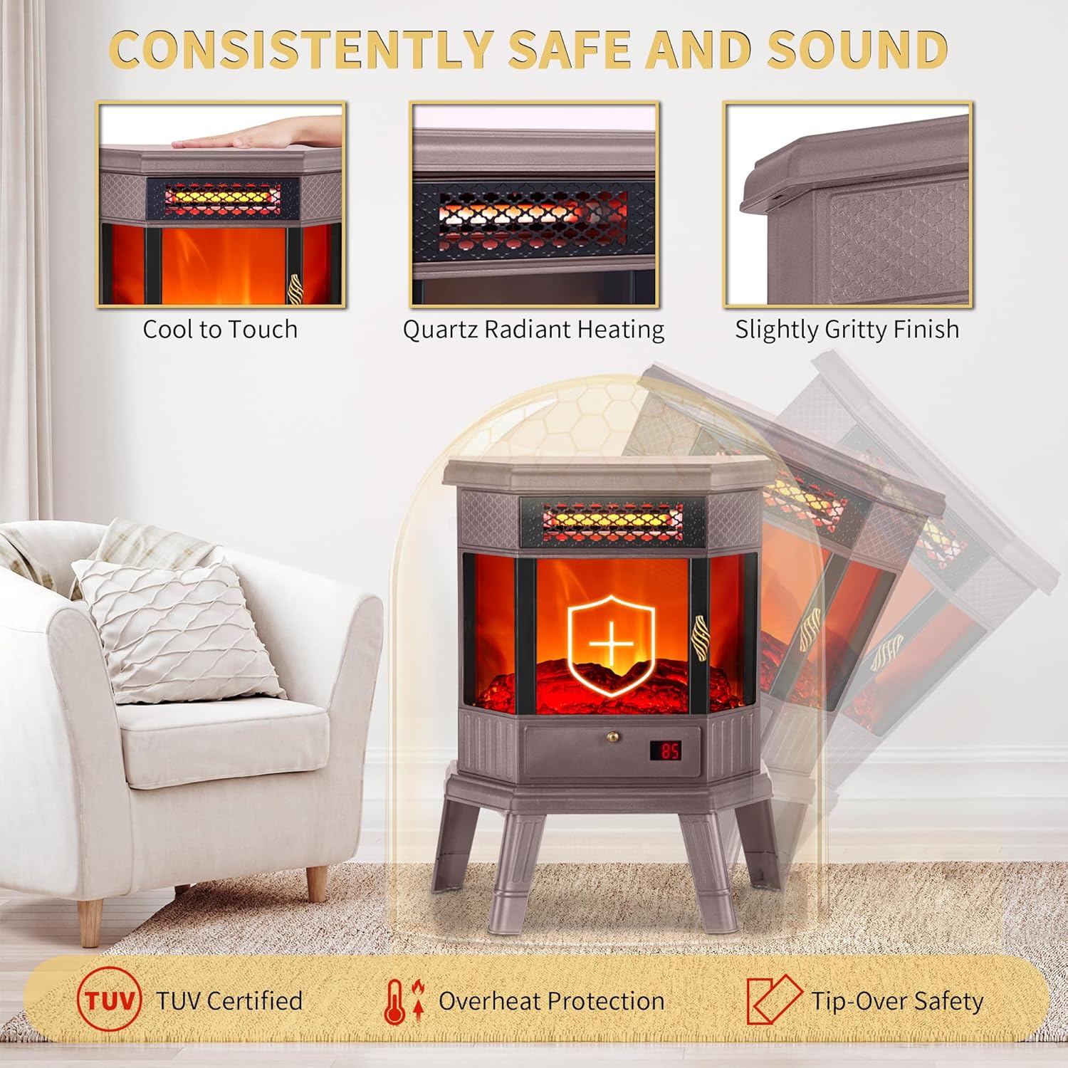 RealSmart Electric Fireplace Heater 22 in Freestanding Fireplace Stove Infrared Fireplace with 3D Flame Effect Remote Control, Timer, Overheating Protection Heater for Indoor Use Brown