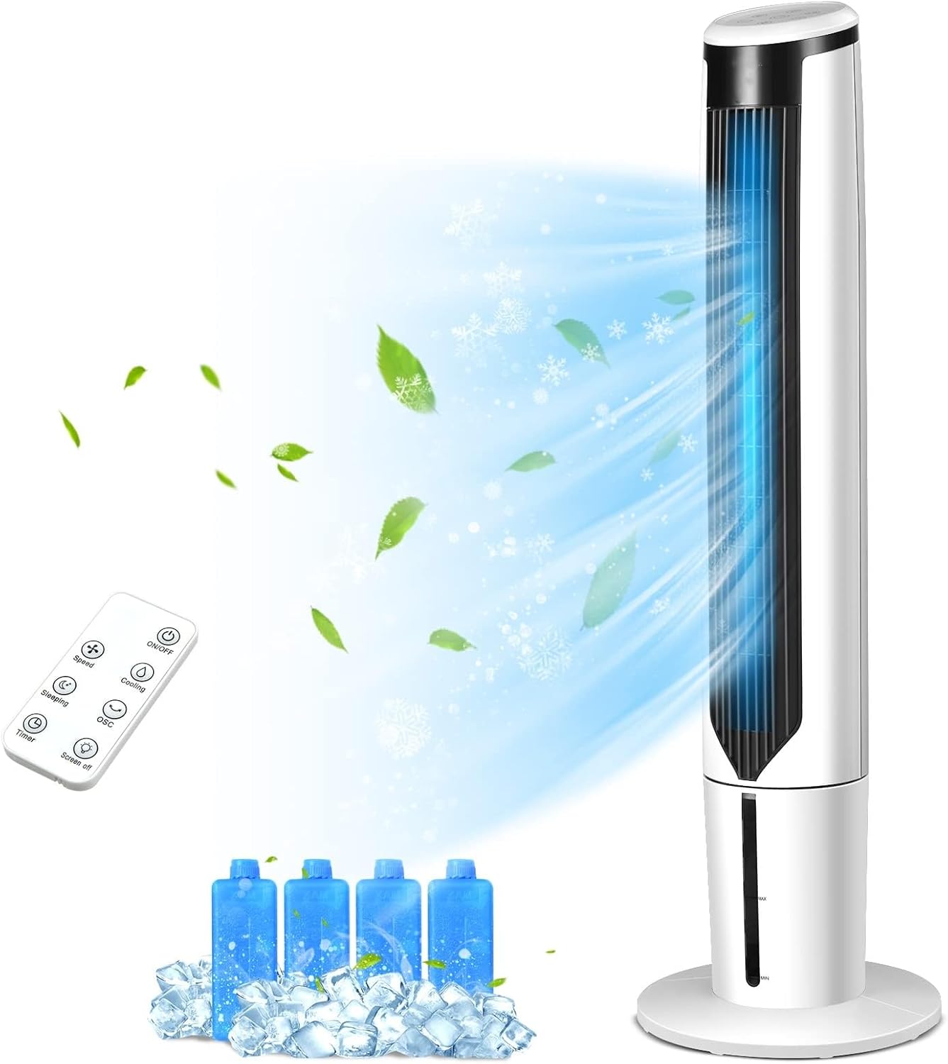 KOTEK 3 in 1 Evaporative Air Cooler, 41” Portable Cooling Tower Fan w/ 70°Oscillation, 4 Ice Packs & Water Tank, 3 Speeds & Cooling Modes, LED Display, 9H Timer, Remote Control for Bedroom Home Office