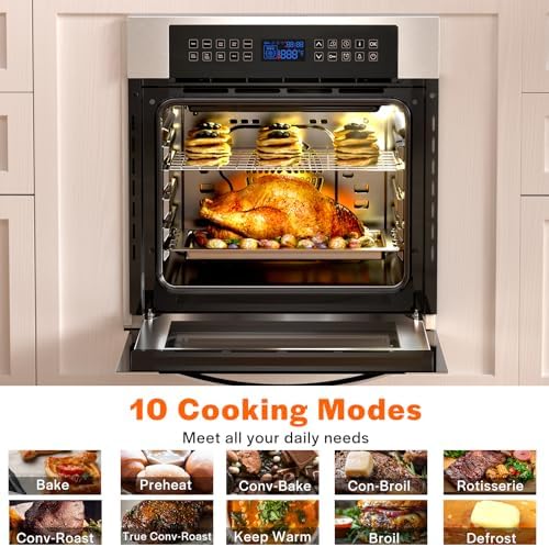 Empava 24 Inch Electric Single Wall Oven with 10 Cooking Modes, Convection Fan and Rotisserie, Screen Touch Control, Stainless Steel