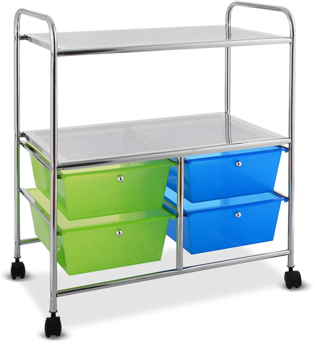 Giantex Rolling Storage Cart w/ 4 Drawers 2 Shelves Metal Rack Shelf Home Office School Beauty Salon Utility Organizer Cart with Wheels (Blue & Green)