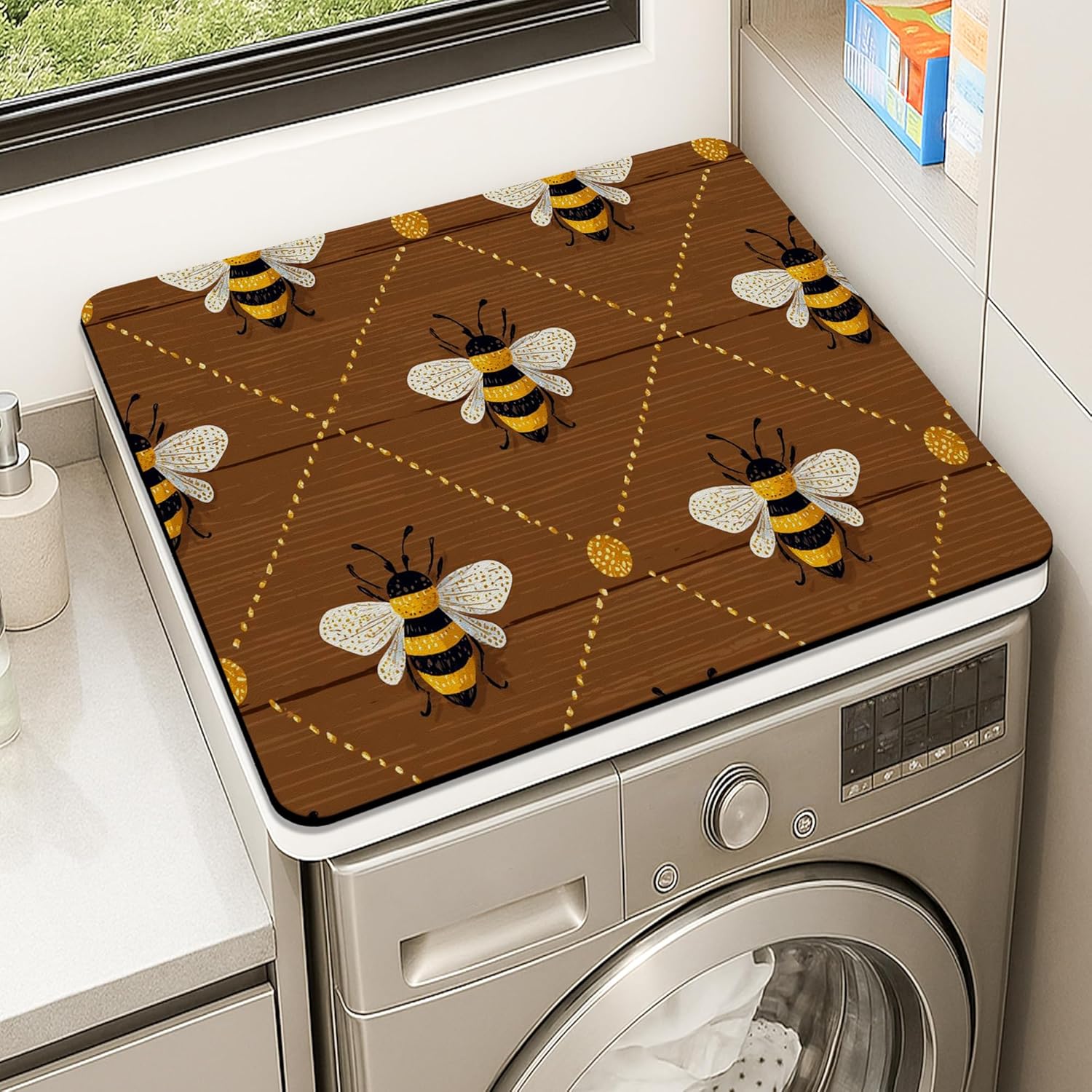 Bee Pattern Washer Dryer Top Protector Mat, Rustic Farmhouse Honeybee Laundry Machine Dust Covers, Summer Decor Rubber Anti-slip Waterproof Washer And Dryer Mats for Laundry Room 24x24 Inch