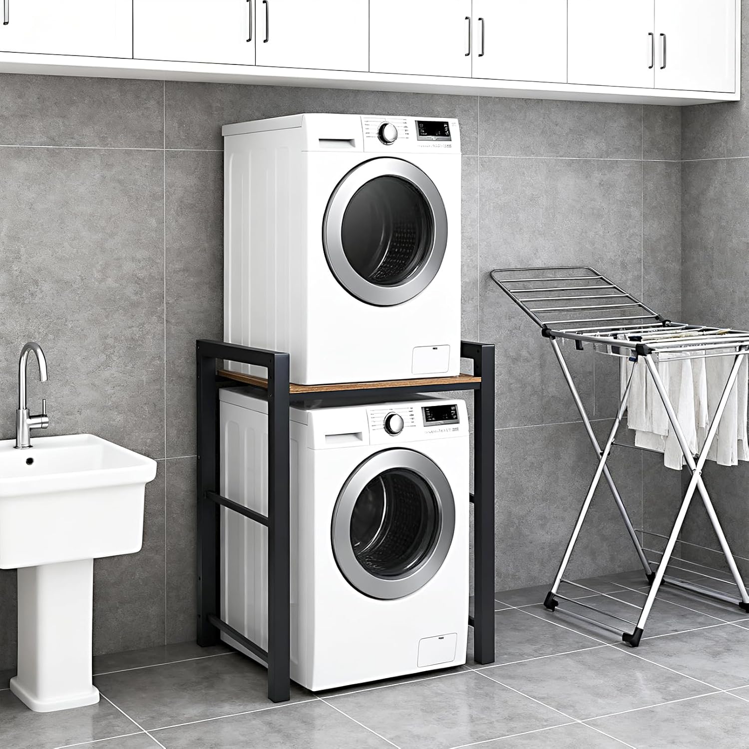 Washer Dryer Stacking Rack, 771lbs Capacity Heavy Duty Washer and Dryer Stacking Stand, 3 Adjustable Height Washing Machine Shelf forLaundry Rooms Bathrooms Balconies (Black)