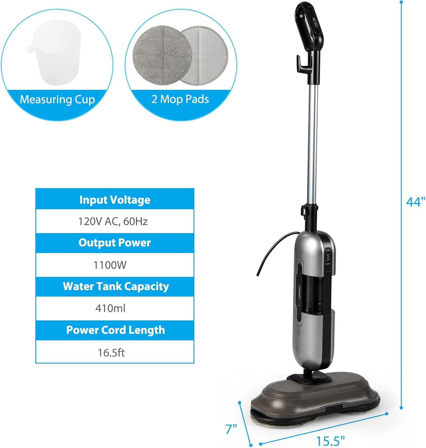 COSTWAY Multipurpose Steam Cleaner, 180° Dual Rotating Handheld Steam Mop with 230°F Hot Steam, 3 Steam Levels, 410Ml Water Tank, Led Headlights, 2 Washable Pads, for Hardwood Floor Laminate, 1100W
