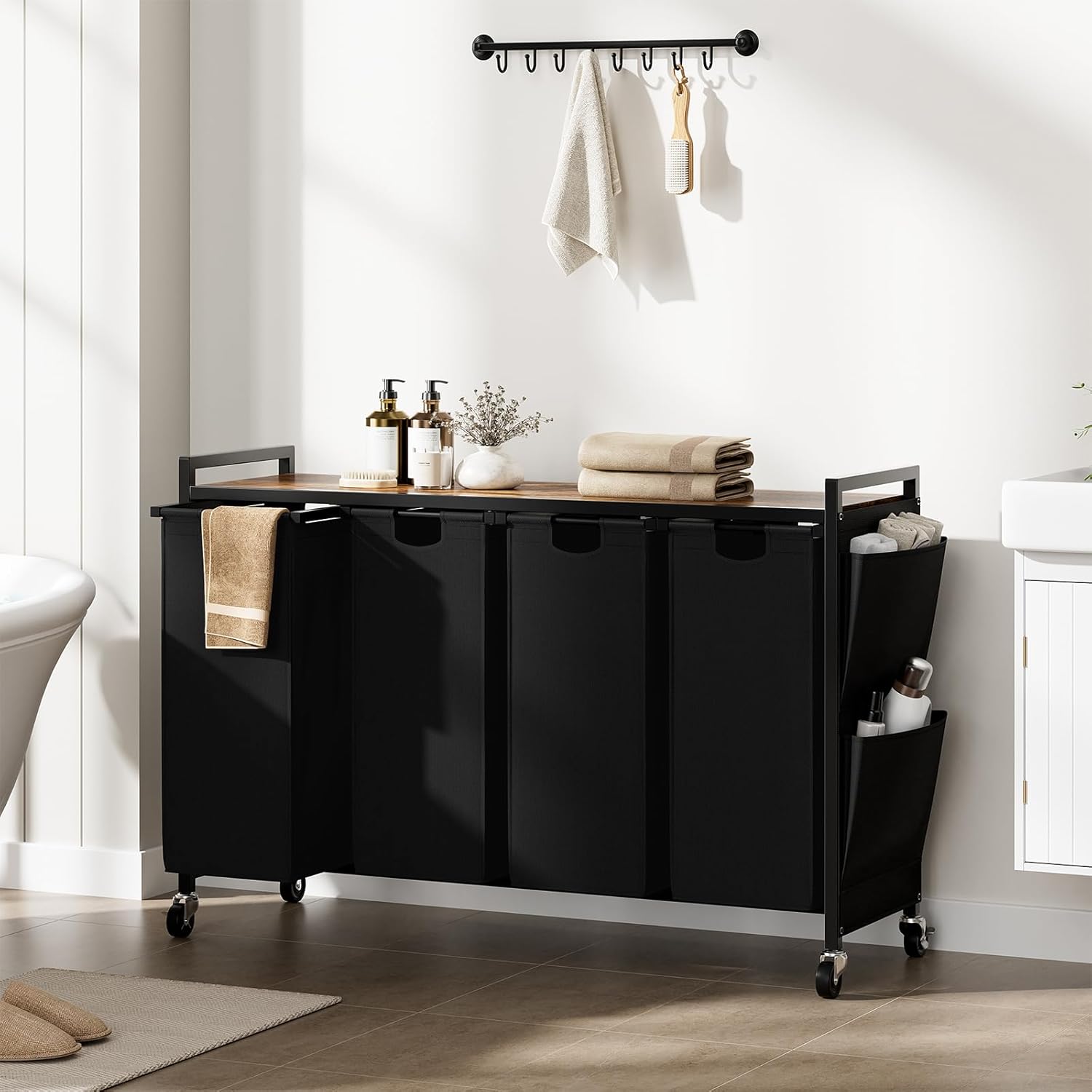 WOWLIVE 4-Compartment Laundry Hamper with Lid,Rolling Laundry Basket Organizer with Wheels, Iron-Made Laundry Sorter with Top Shelf and 4 Removable Bags,Large Clothes Storage for Room,Black