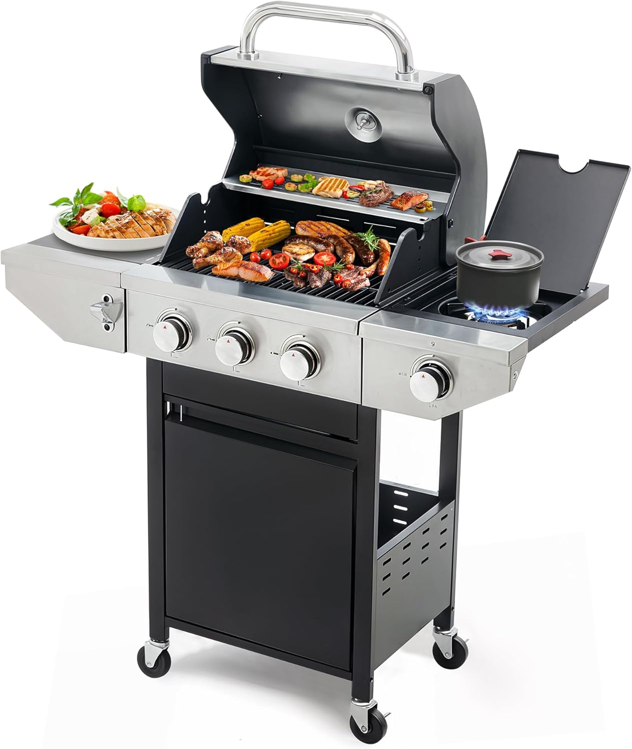3 Burner Propane Gas Grill with Side Burner, Stainless Steel BBQ Grill 38,500 BTU for Outdoor Cooking Kitchen, Garden and Patio Backyard Barbecue, Black and Silver