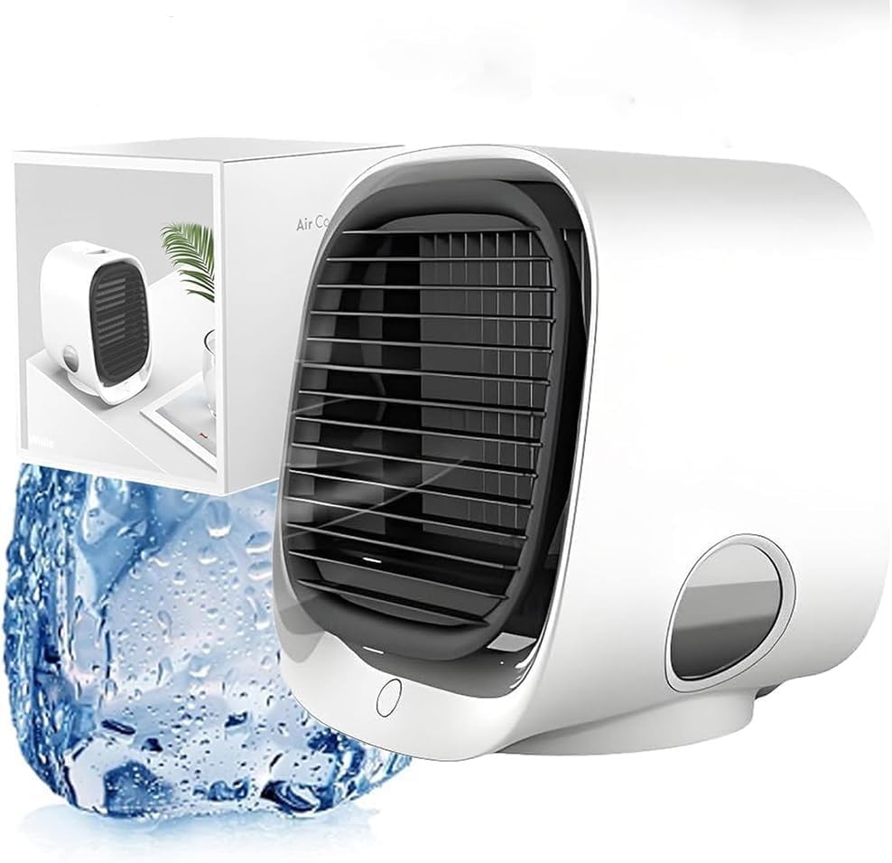 Portable Air Conditioner, Mini Air Cooler, 300 ML Water Tank, 8 Hours Of Use, with 3-Speed Cooling, Multi-angle Wind Adjustment, Built-In Night Light for Home, Office, Travel (White)