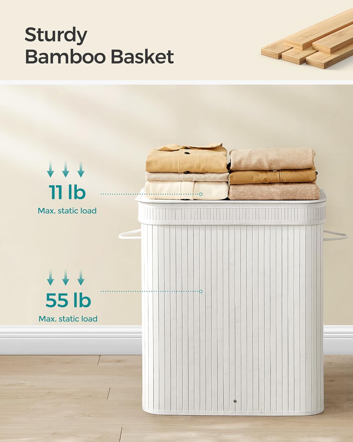 SONGMICS Laundry Hamper with Lid, Bamboo Laundry Basket, Removable Machine Washable Laundry Basket, with Handles, 26.4-Gallons, for Laundry Room, Bedroom, Bathroom, Cloud White ULCB063W01